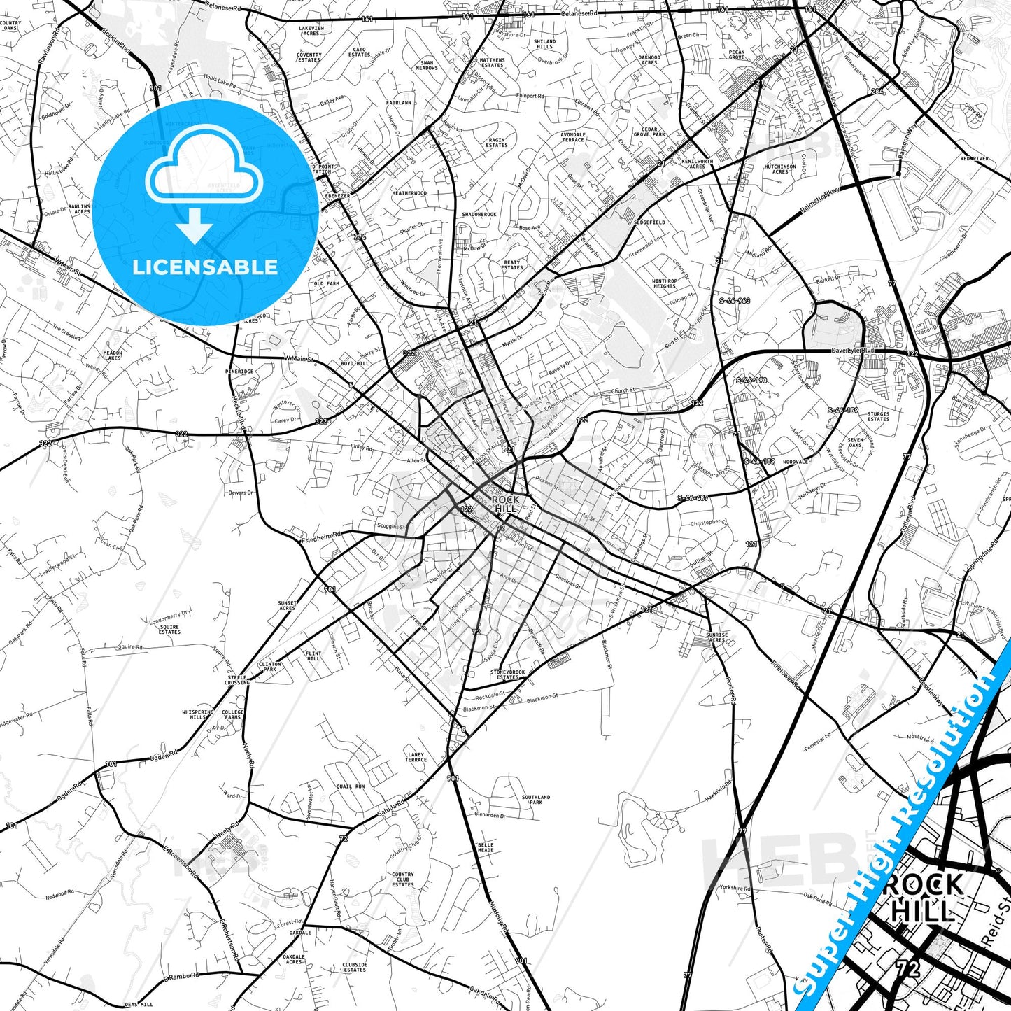 Rock Hill, South Carolina Light Map with Street Names, City Names, and Districts
