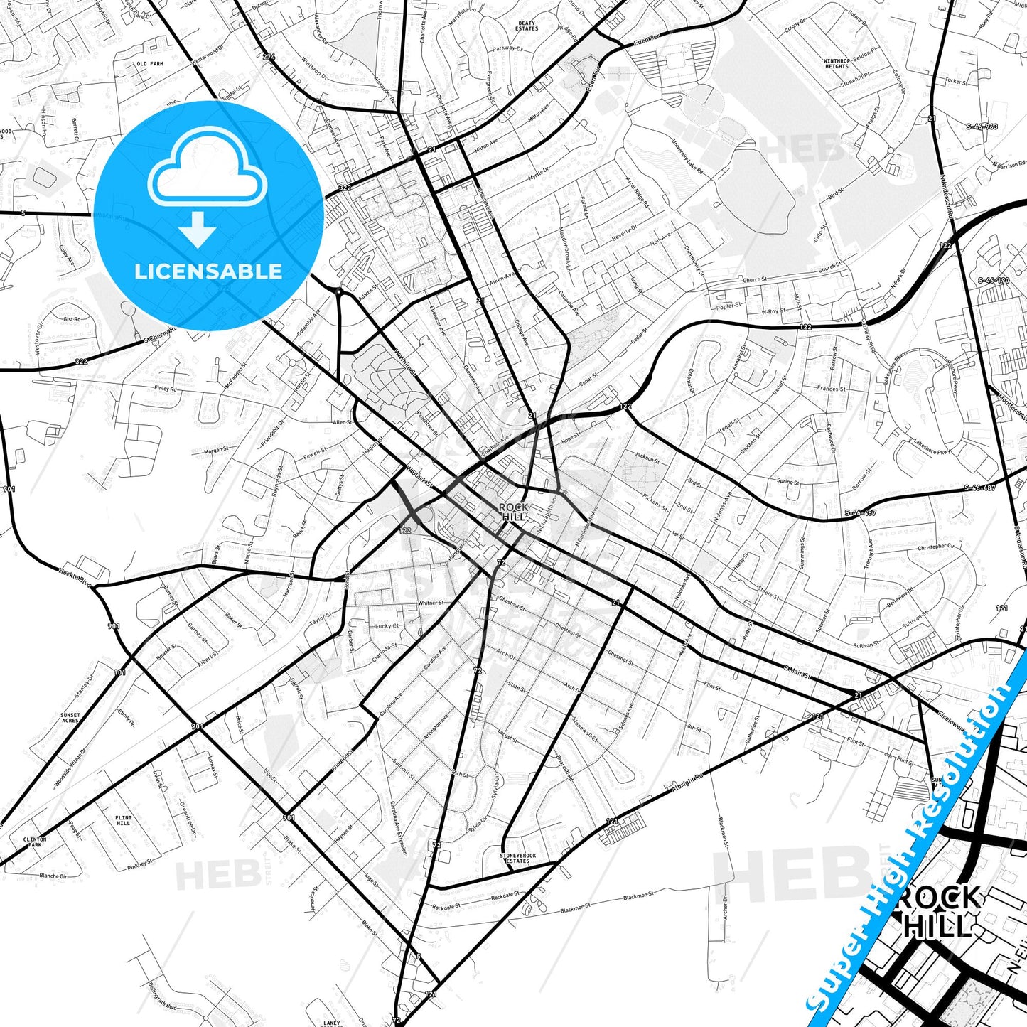 Rock Hill, South Carolina Light Map with Street Names, City Names, and Districts