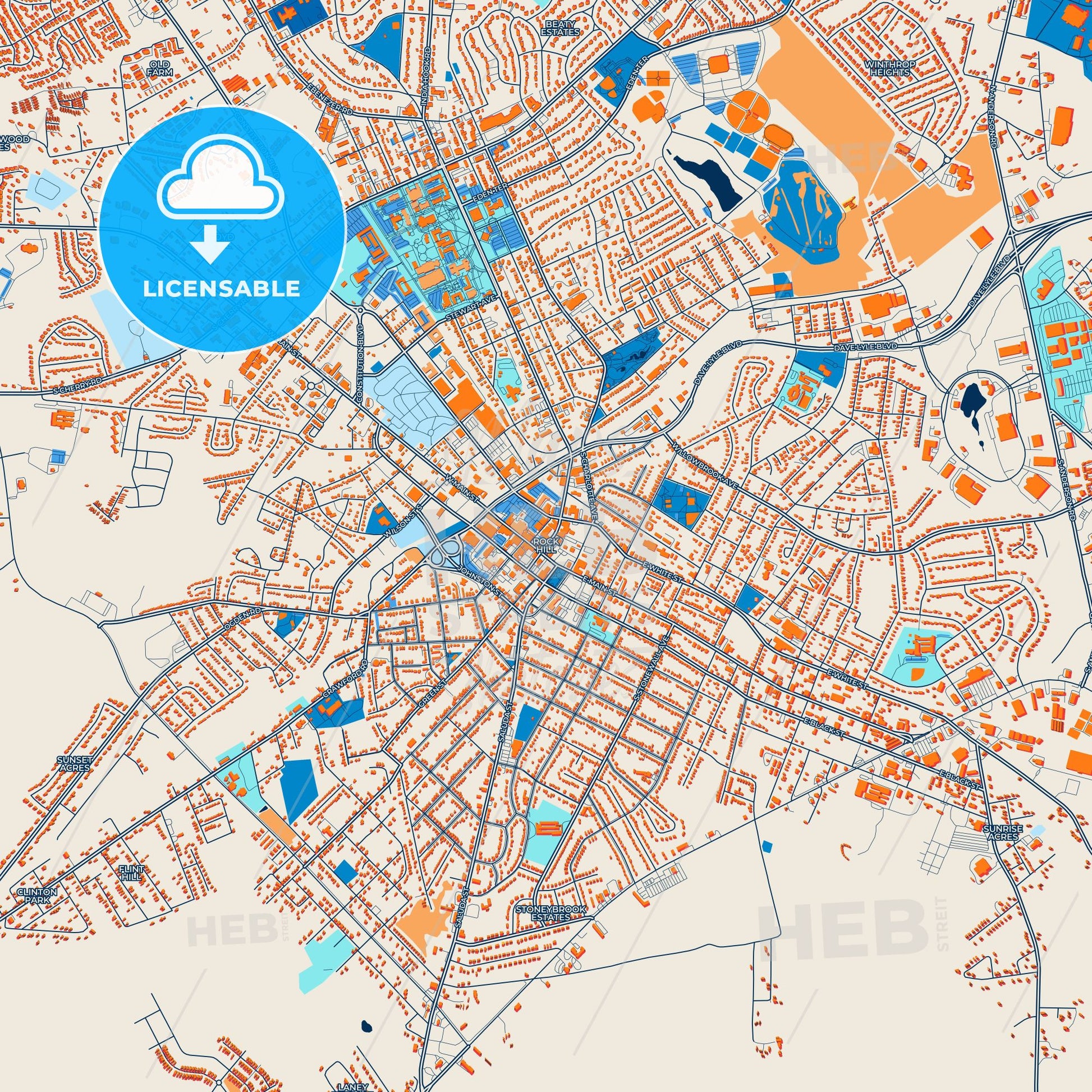 Colorful Rock Hill Street Map with Labels and Buildings
