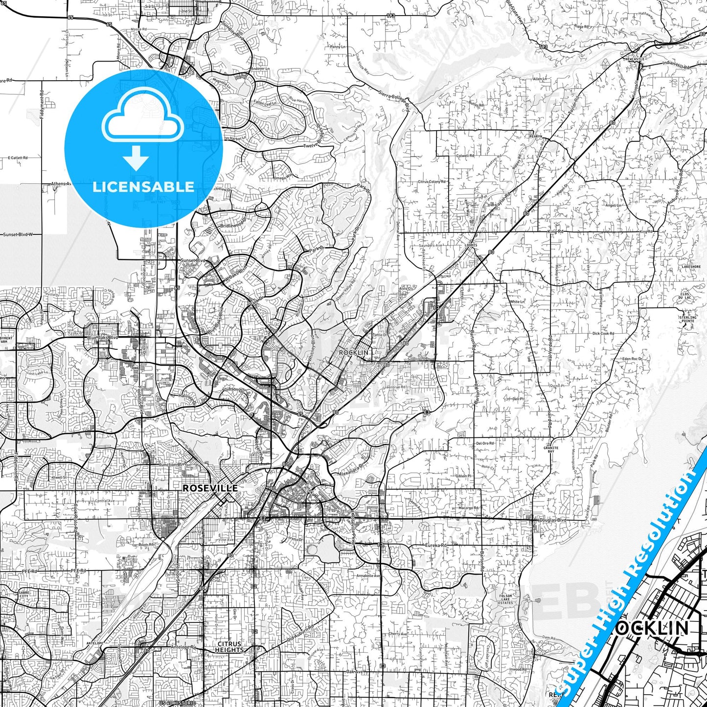 Rocklin, California light map with streetnames, citynames and districts