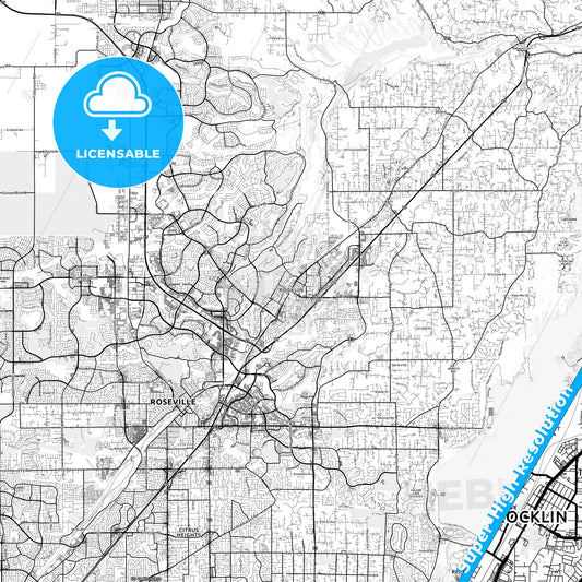 Rocklin, California light map with streetnames, citynames and districts
