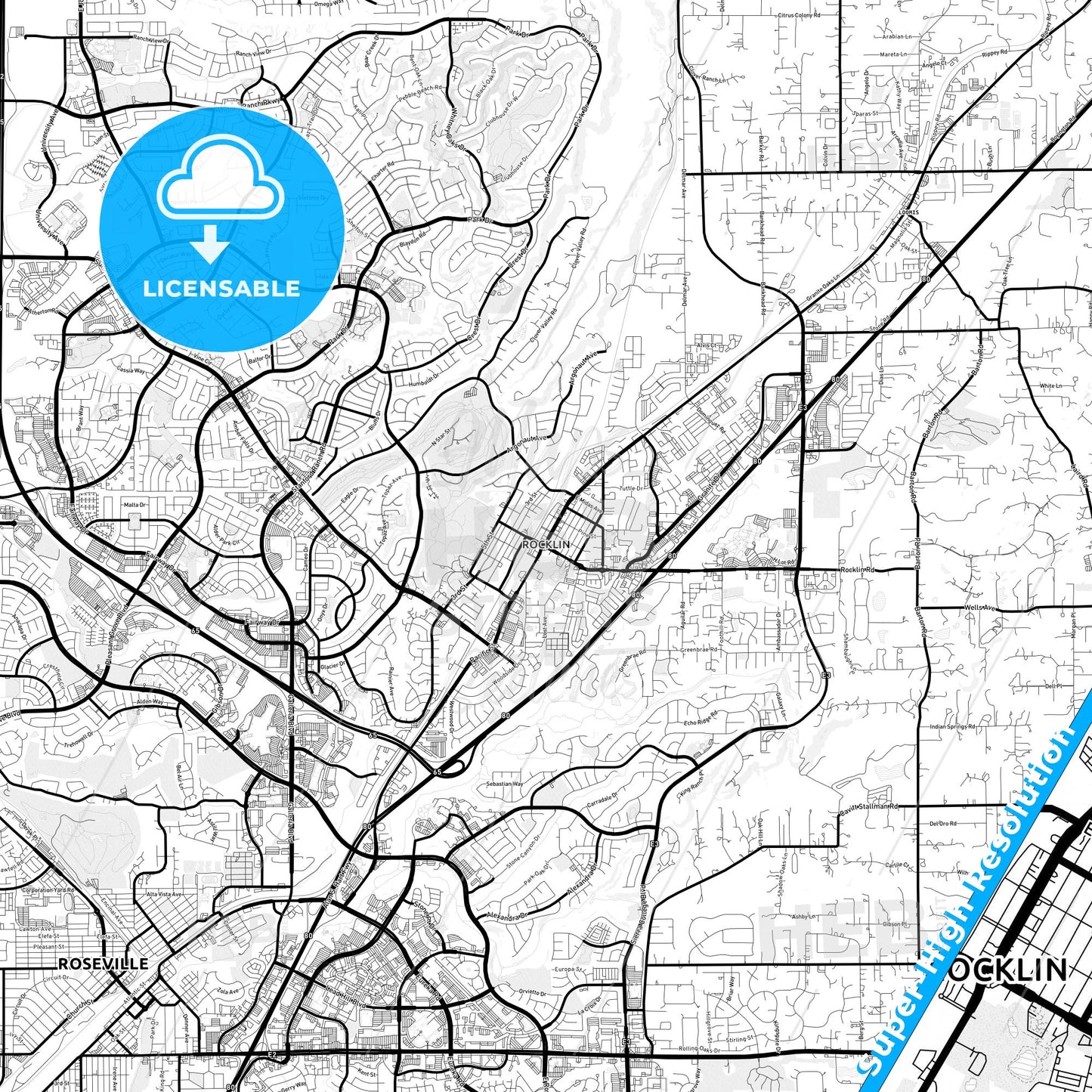 Rocklin, California Light Map with Street Names, City Names, and Districts
