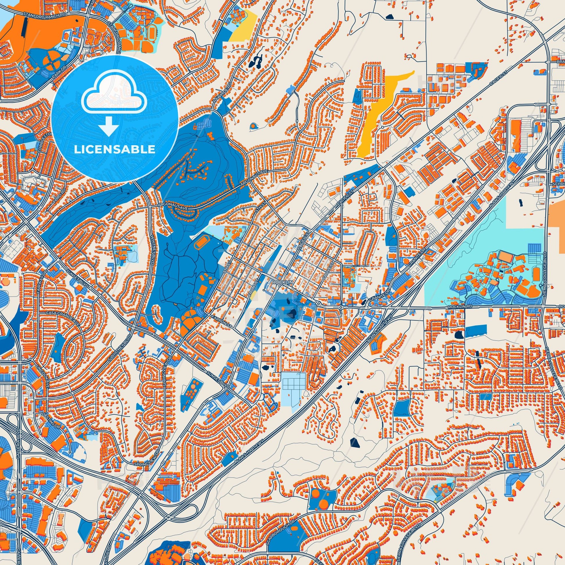 Colorful Rocklin Street Map with Labels and Buildings