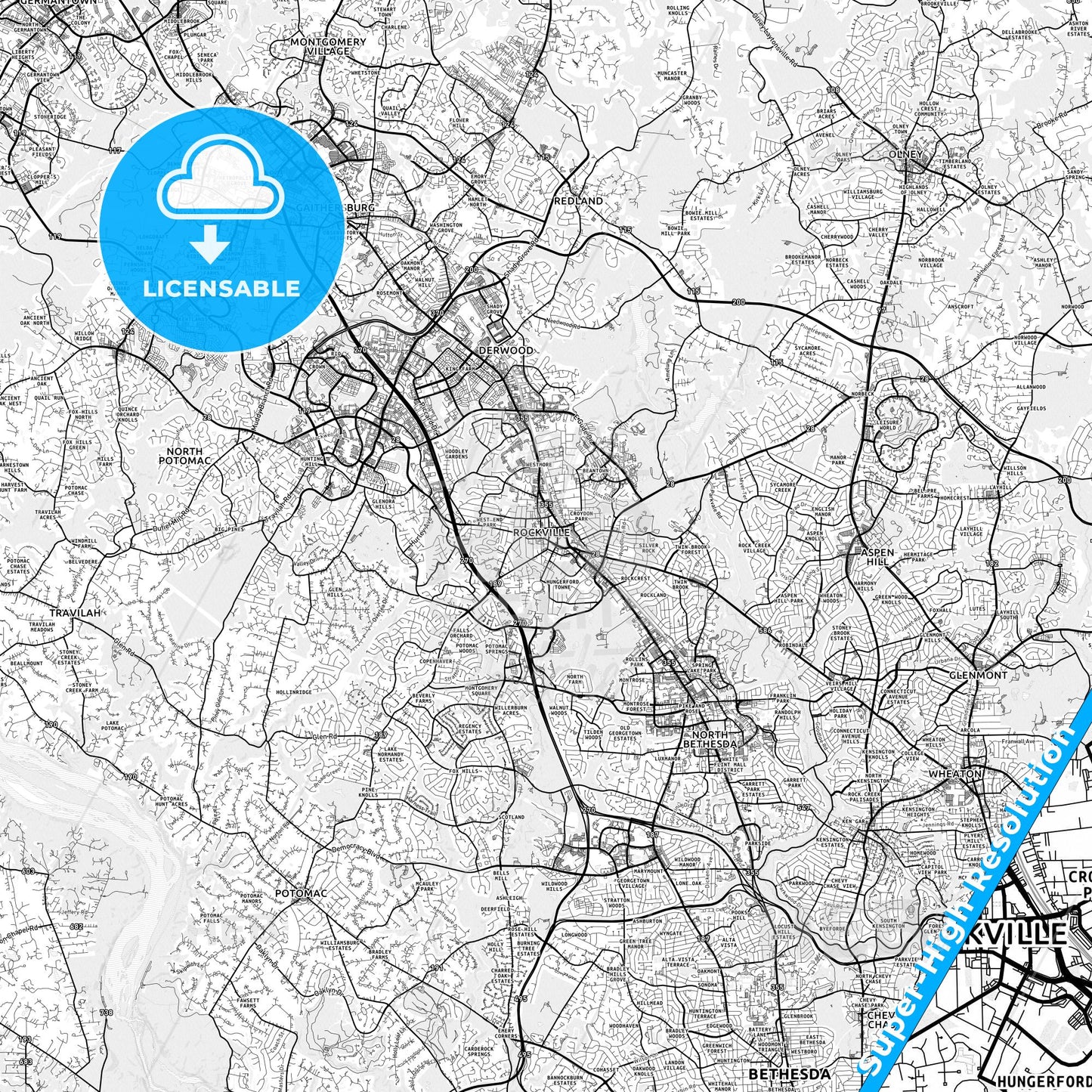 Rockville, Maryland light map with streetnames, citynames and districts