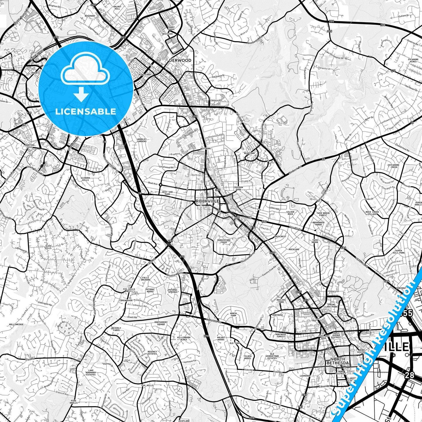 Rockville, Maryland Light Map with Street Names, City Names, and Districts
