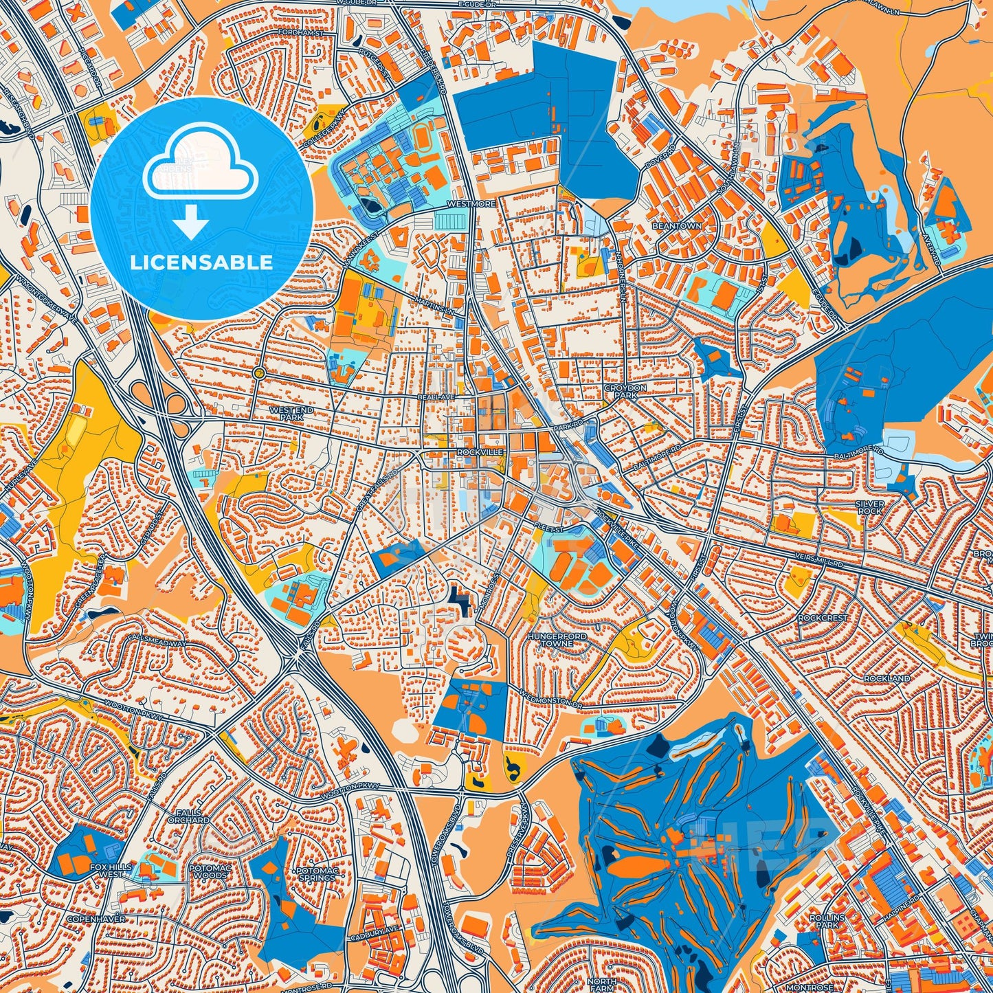 Colorful Rockville Street Map with Labels and Buildings