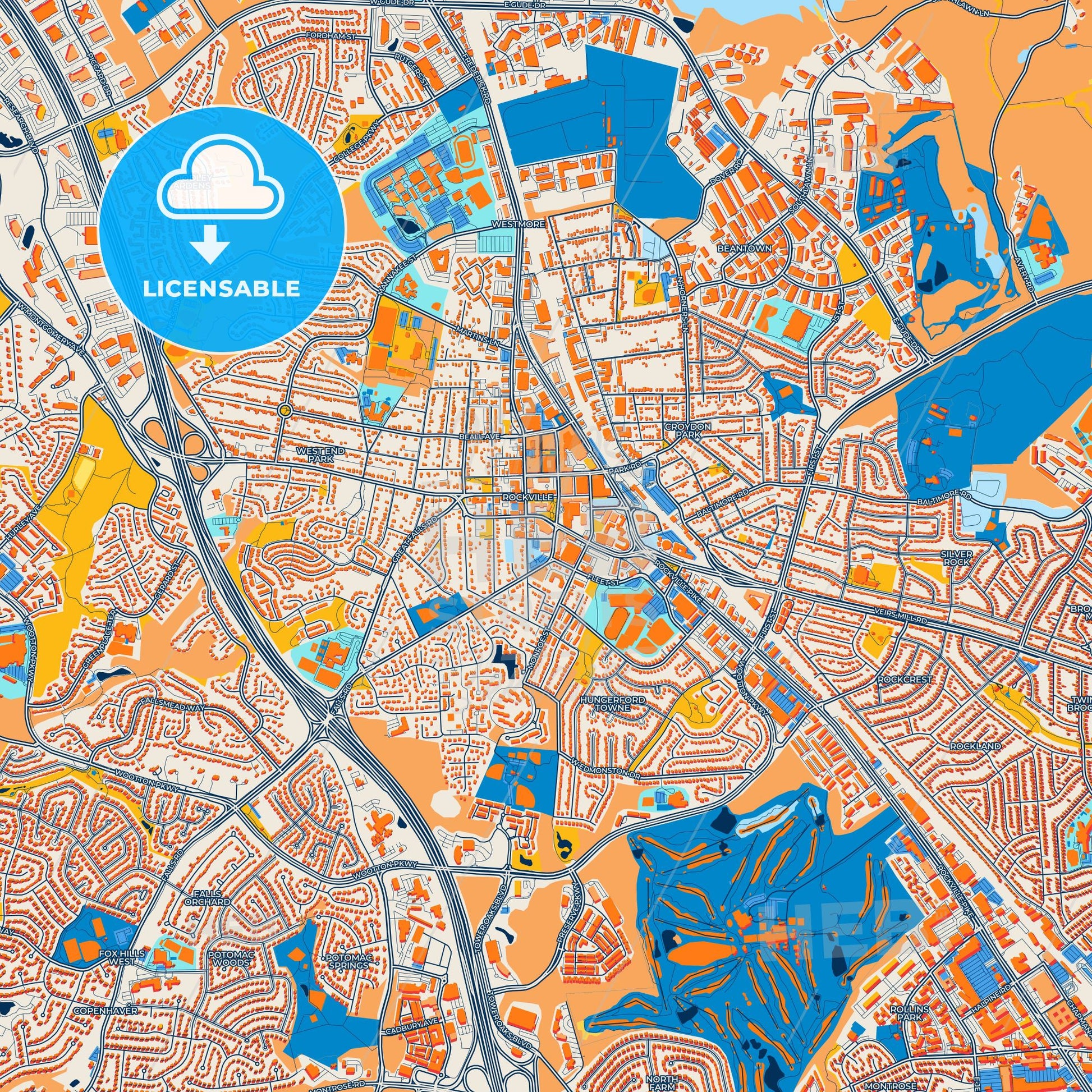 Colorful Rockville Street Map with Labels and Buildings