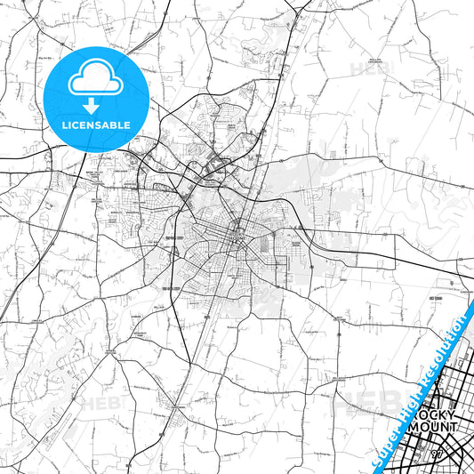 Rocky Mount, North Carolina light map with streetnames, citynames and districts