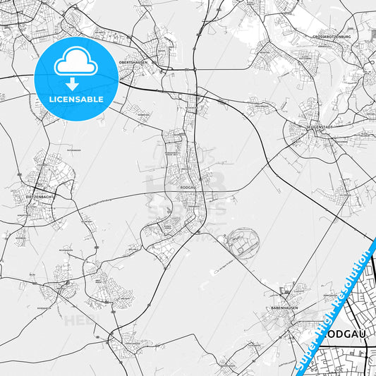 Rodgau, Germany light map with streetnames, citynames and districts