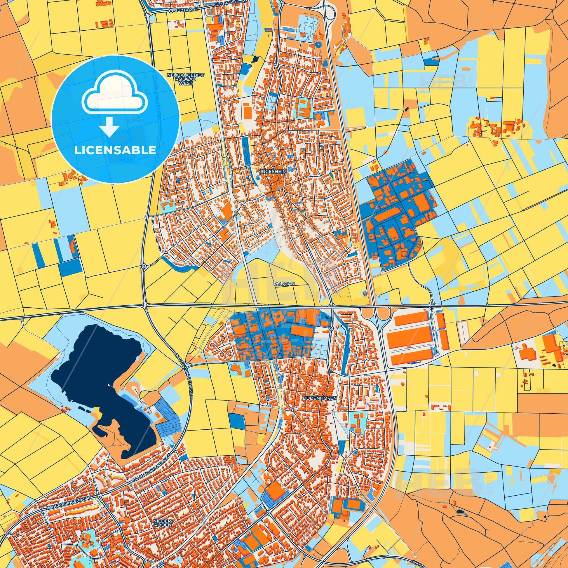 Colorful Rodgau Street Map with Labels and Buildings