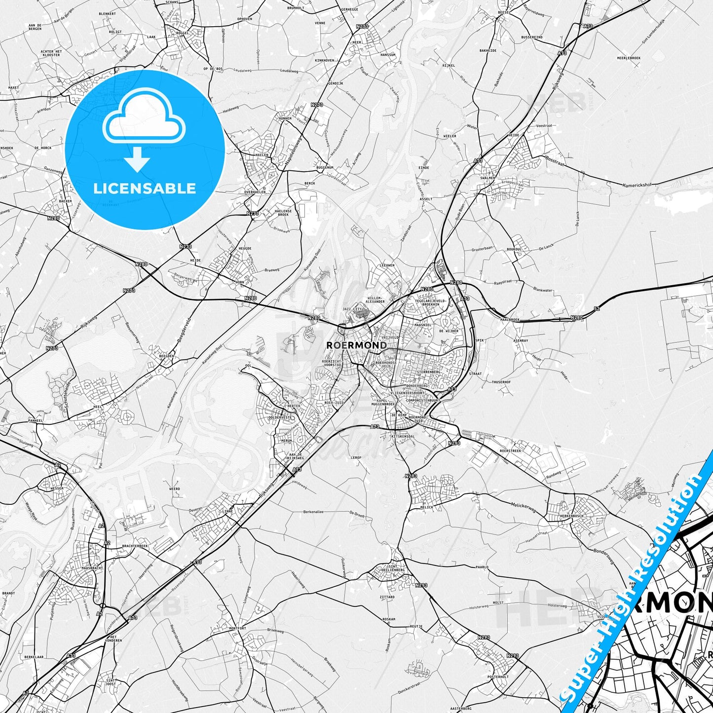 Roermond, Netherlands light map with streetnames, citynames and districts
