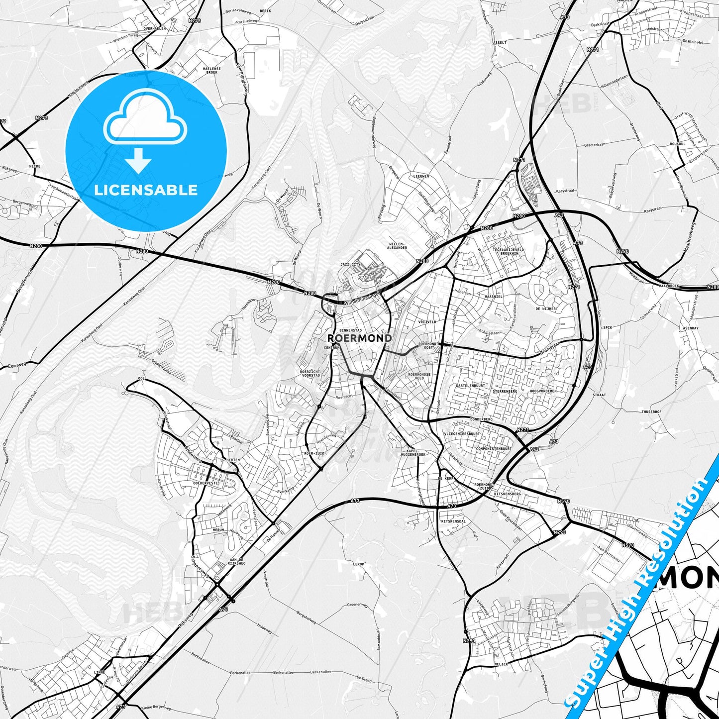 Roermond, Netherlands Light Map with Street Names, City Names, and Districts