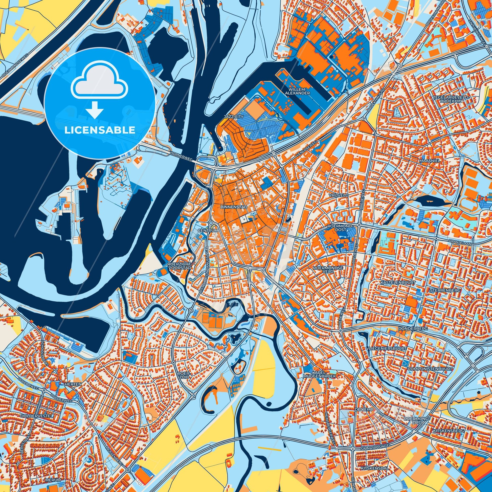 Colorful Roermond Street Map with Labels and Buildings