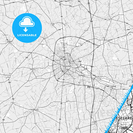 Roeselare, Belgium light map with streetnames, citynames and districts