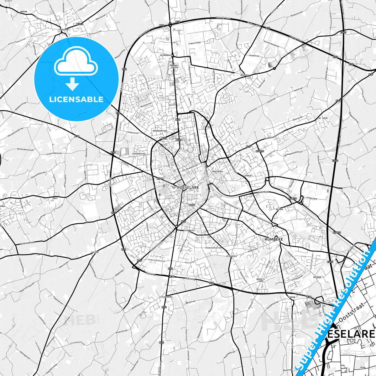 Roeselare, Belgium Light Map with Street Names, City Names, and Districts