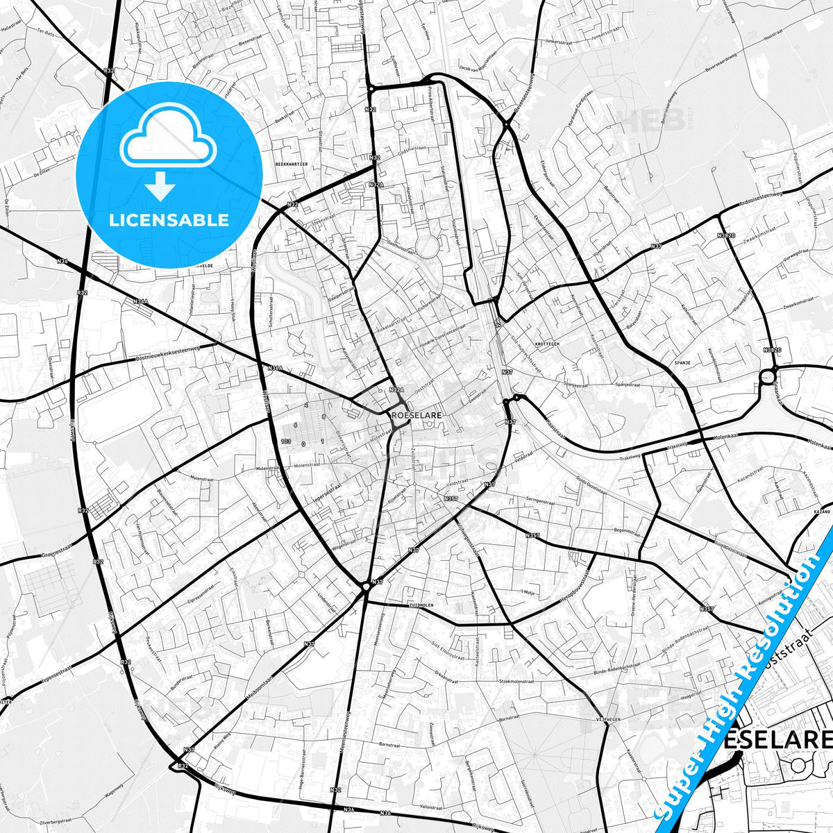 Roeselare, Belgium Light Map with Street Names, City Names, and Districts