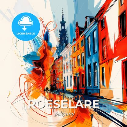 Vibrant Roeselare , Belgium - A Colorful City Street With Buildings And A Tower - Square format print template