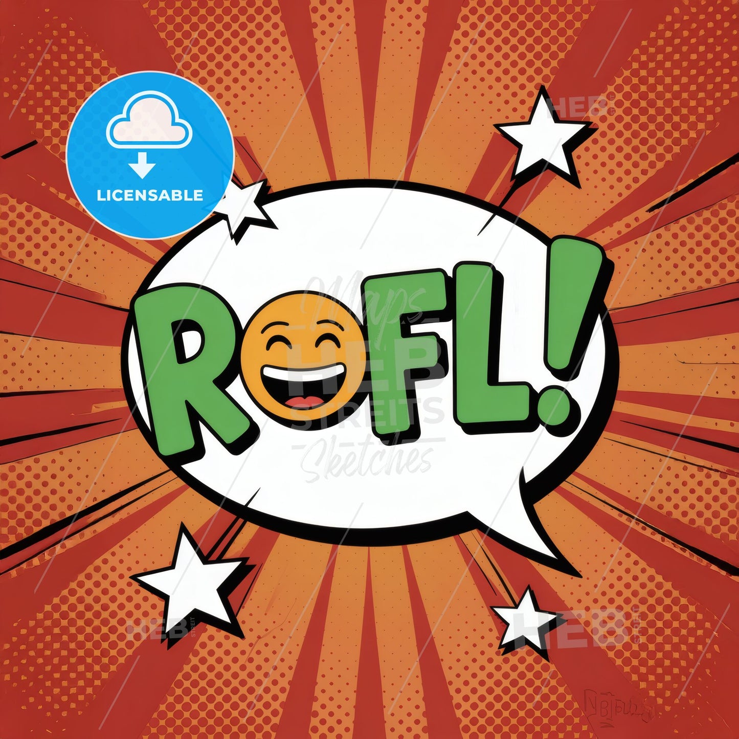 ROFL!!: Vibrant Comic Speech Bubble Art with Emoji & Striped Background Design