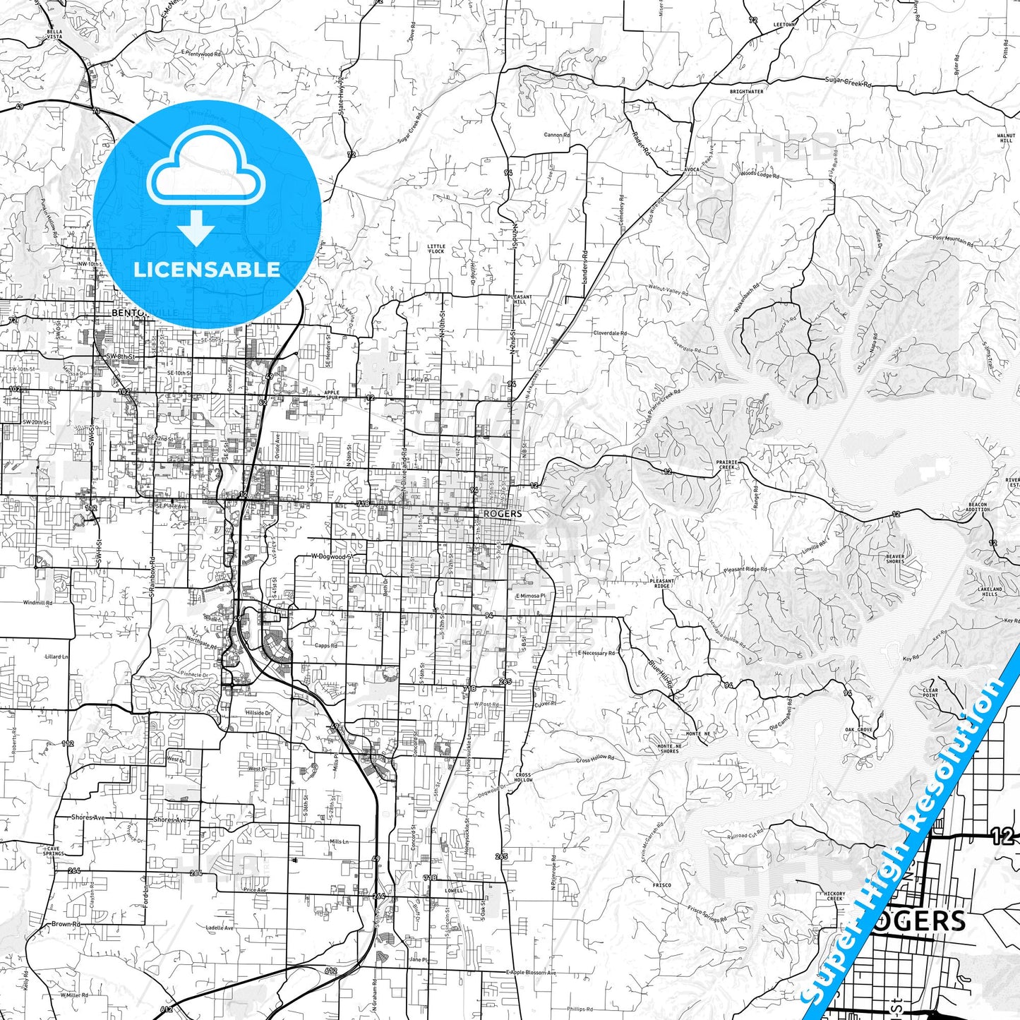 Rogers, Arkansas light map with streetnames, citynames and districts