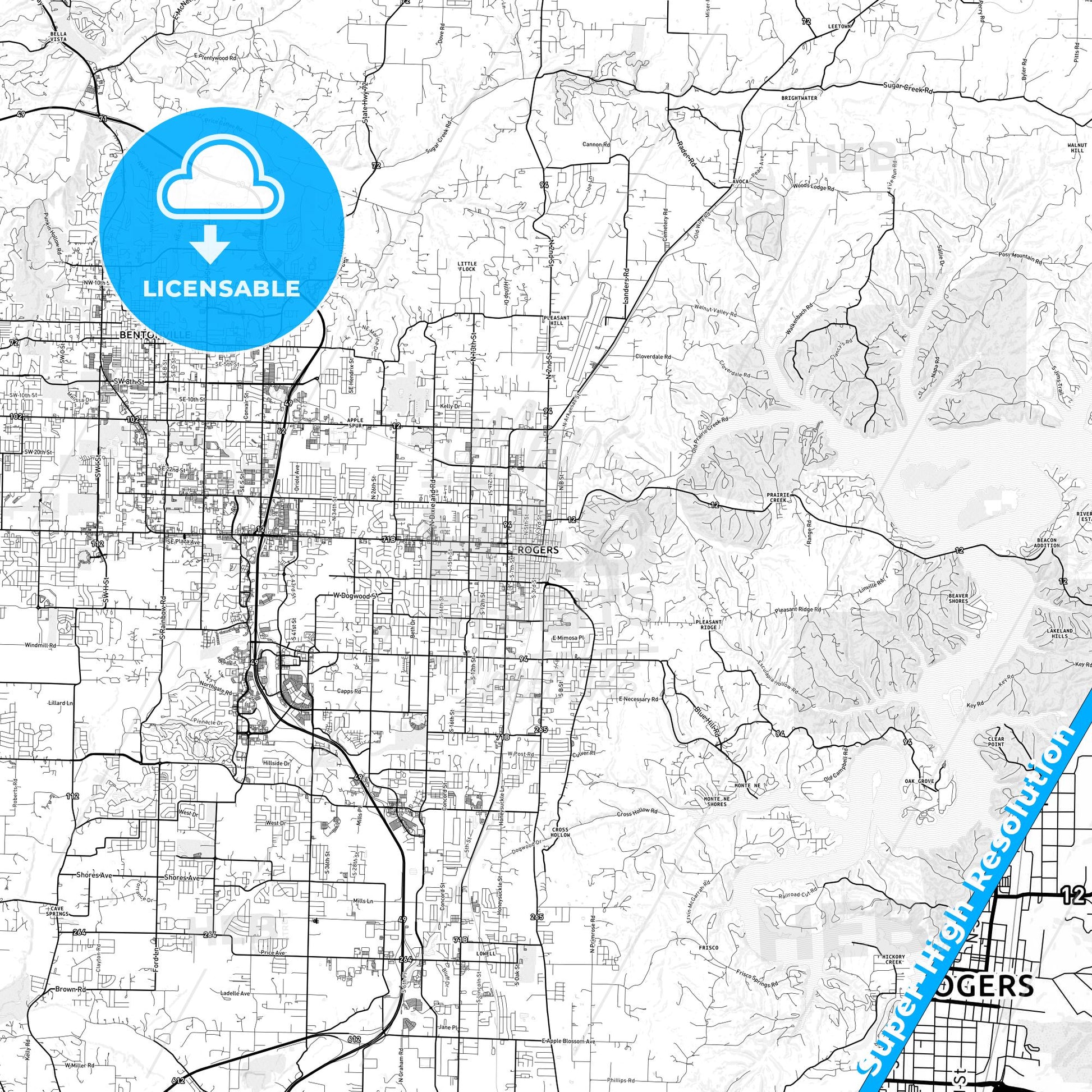 Rogers, Arkansas light map with streetnames, citynames and districts