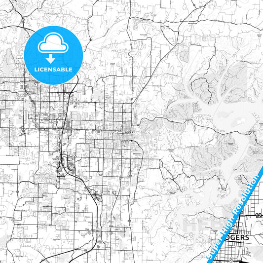 Rogers, Arkansas light map with streetnames, citynames and districts