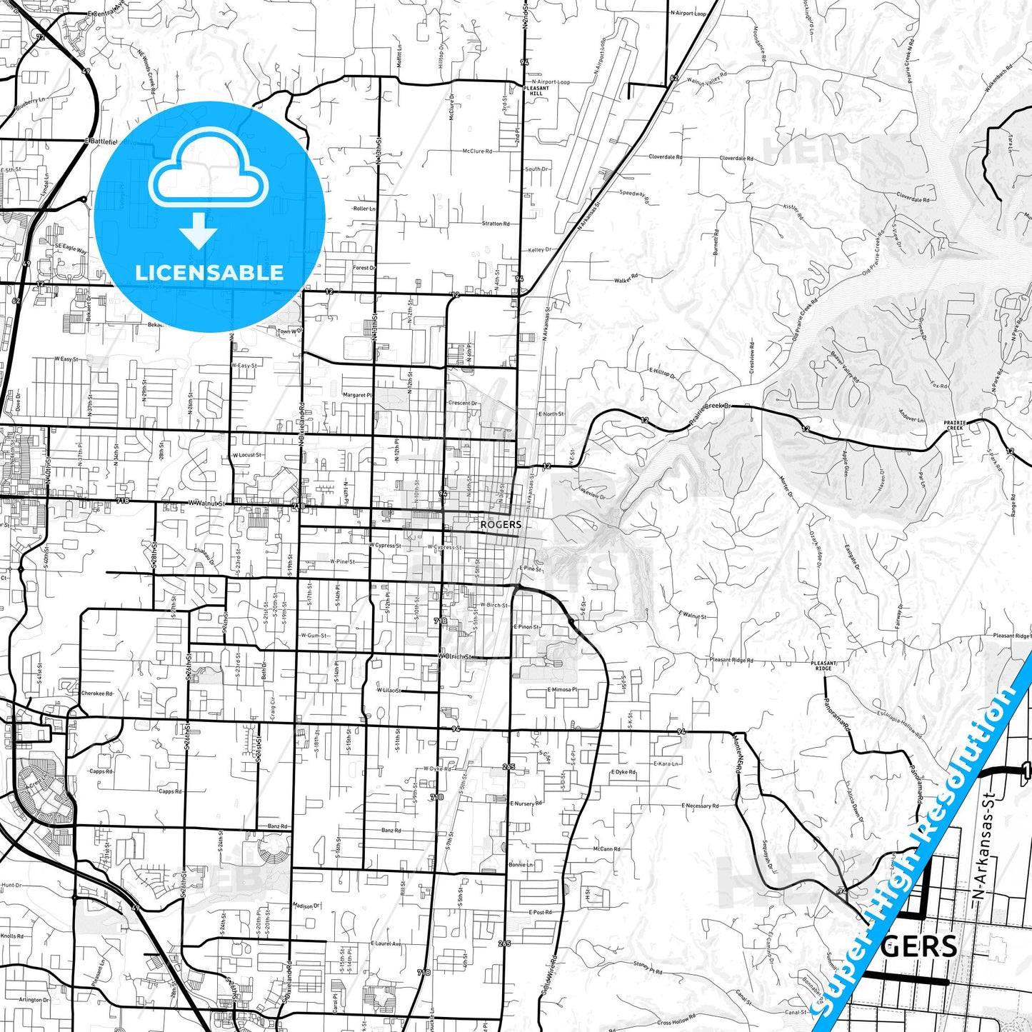 Rogers, Arkansas Light Map with Street Names, City Names, and Districts