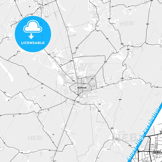 Roman, Romania light map with streetnames, citynames and districts