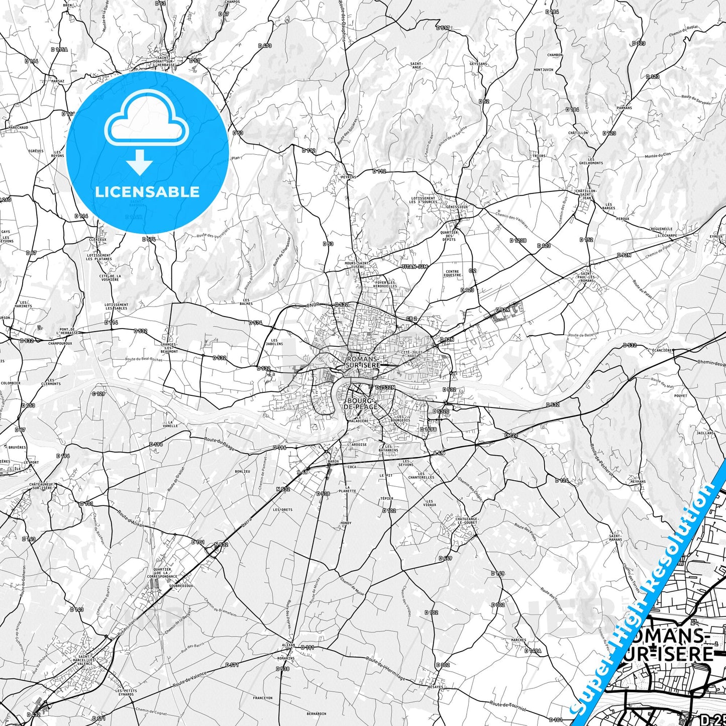 Romans-sur-Isère, France light map with streetnames, citynames and districts