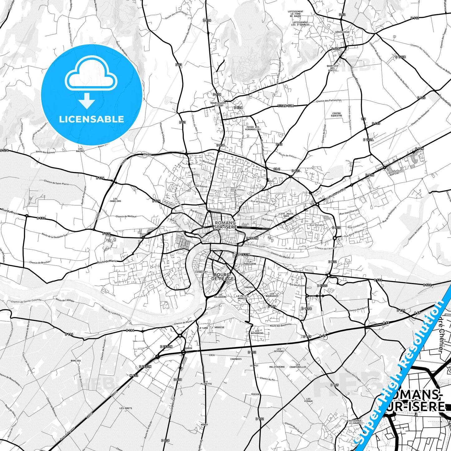 Romans-sur-Isère, France Light Map with Street Names, City Names, and Districts