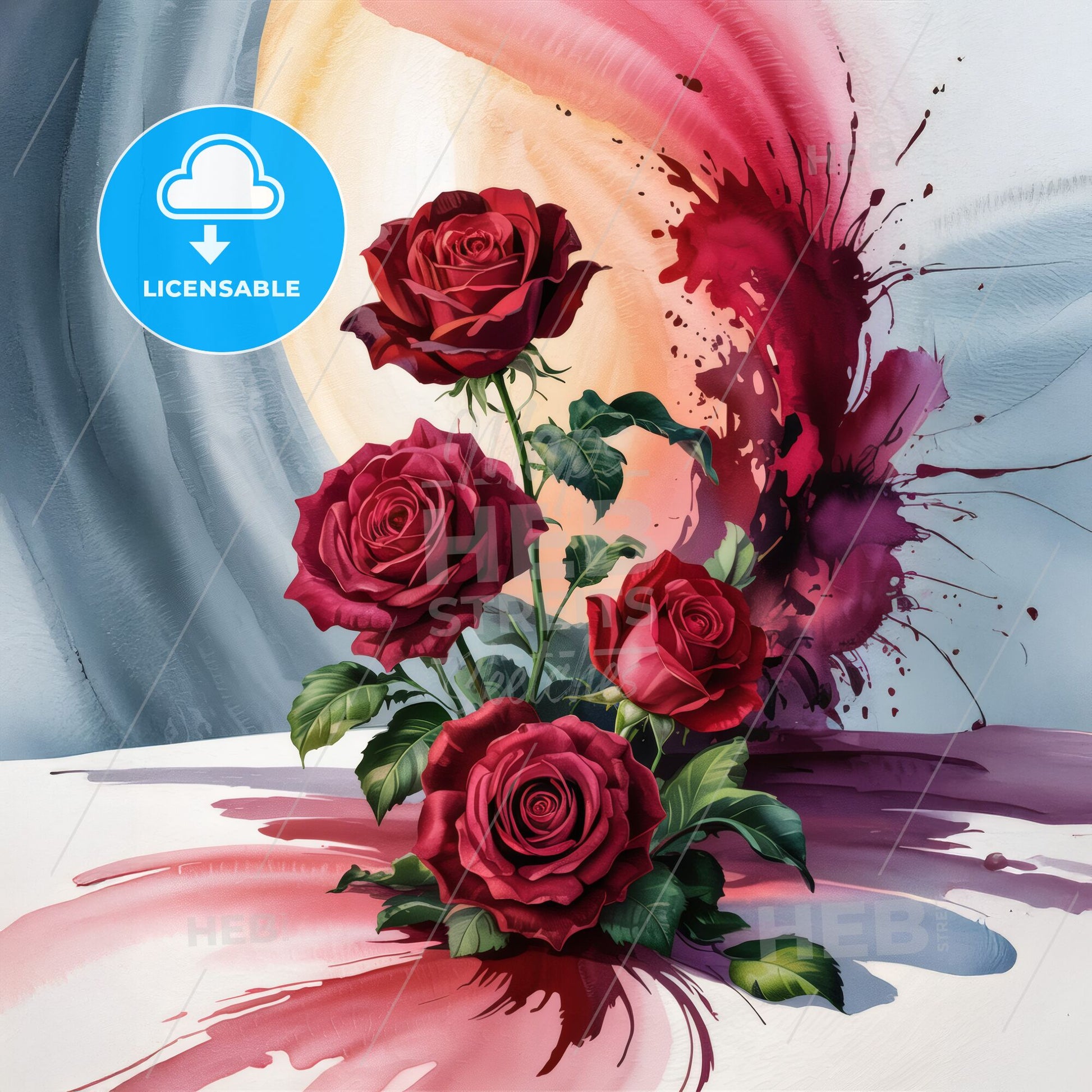 Romantic Burgundy Roses: Elegant Digital Art with Abstract Watercolor Flair