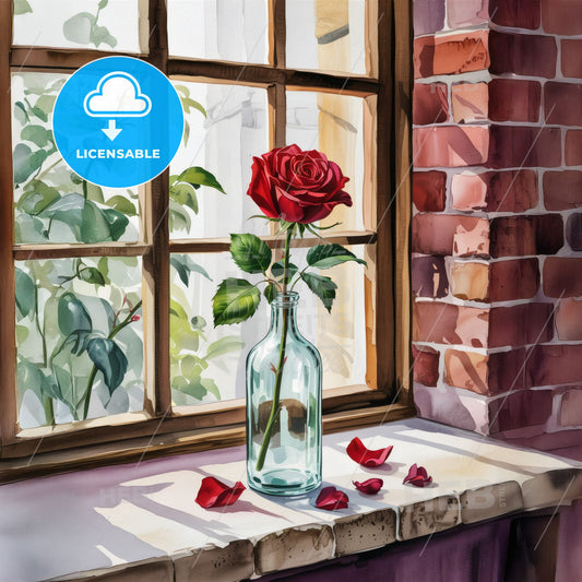 Romantic Elegance: Watercolor Red Rose in Glass Bottle on Rustic Stone Sill