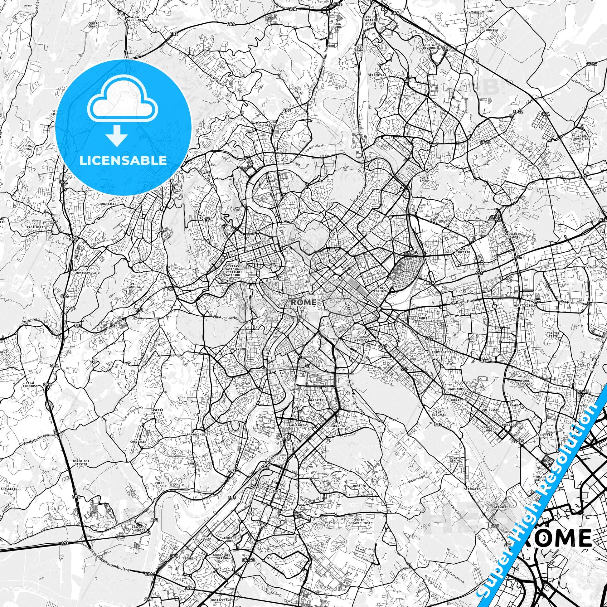 Rome, Italy light map with streetnames, citynames and districts