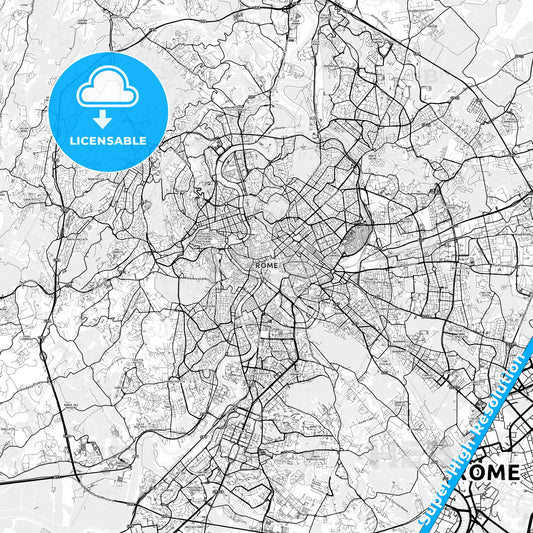 Rome, Italy light map with streetnames, citynames and districts