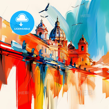 Vibrant Roma, Italy - A Painting Of A Building With A Dome And Birds Flying