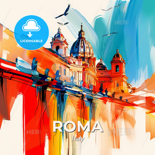 Vibrant Roma, Italy - A Painting Of A Building With A Dome And Birds Flying - Square format print template