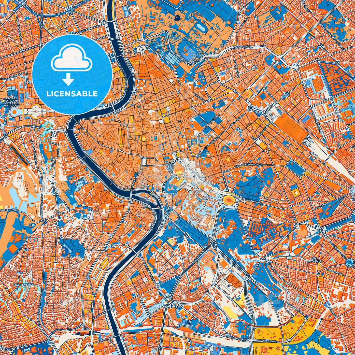 Colorful Rome Street Map with Labels and Buildings