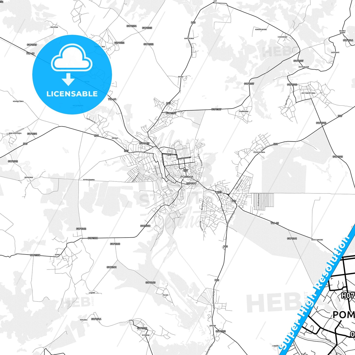Romny, Ukraine light map with streetnames, citynames and districts