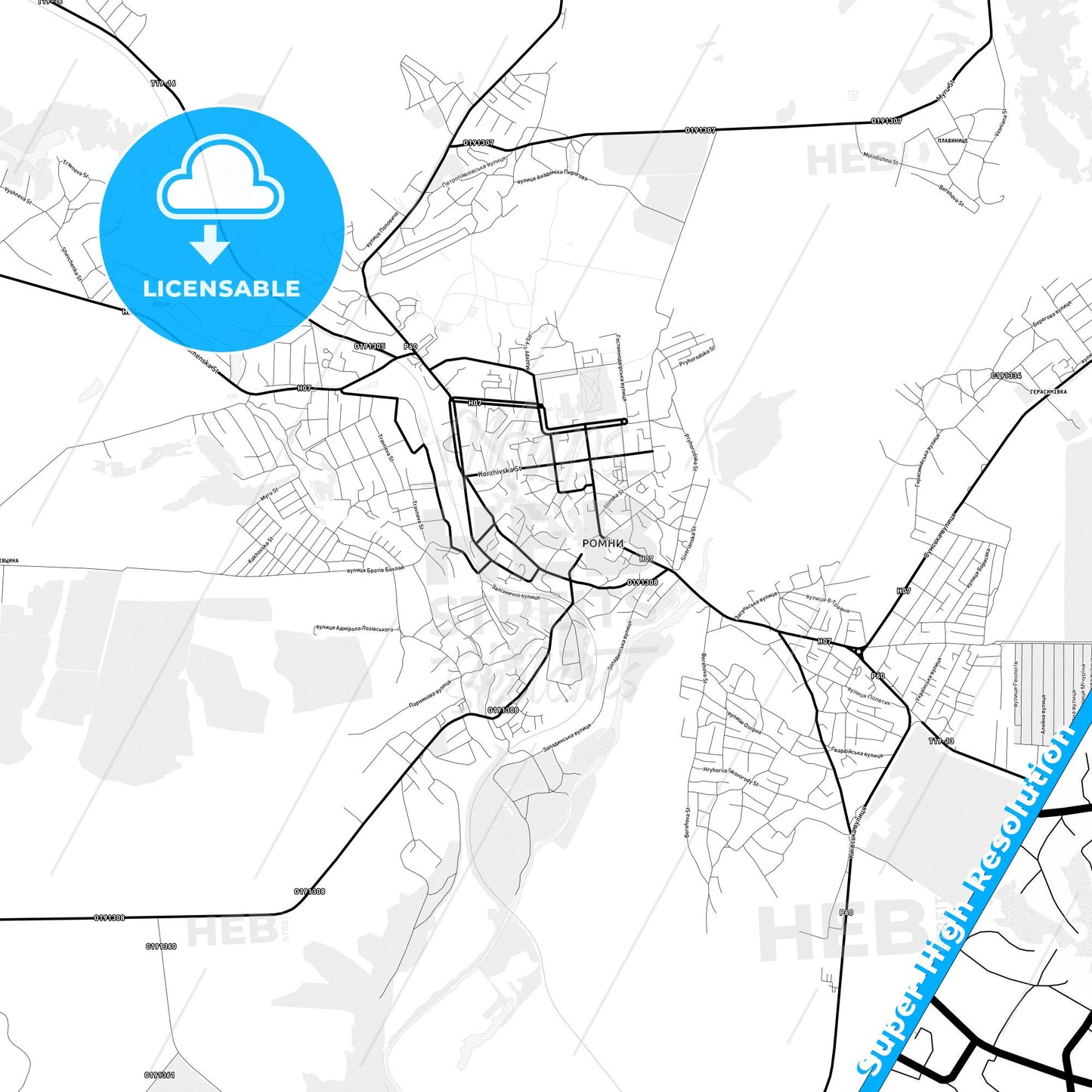 Romny, Ukraine Light Map with Street Names, City Names, and Districts
