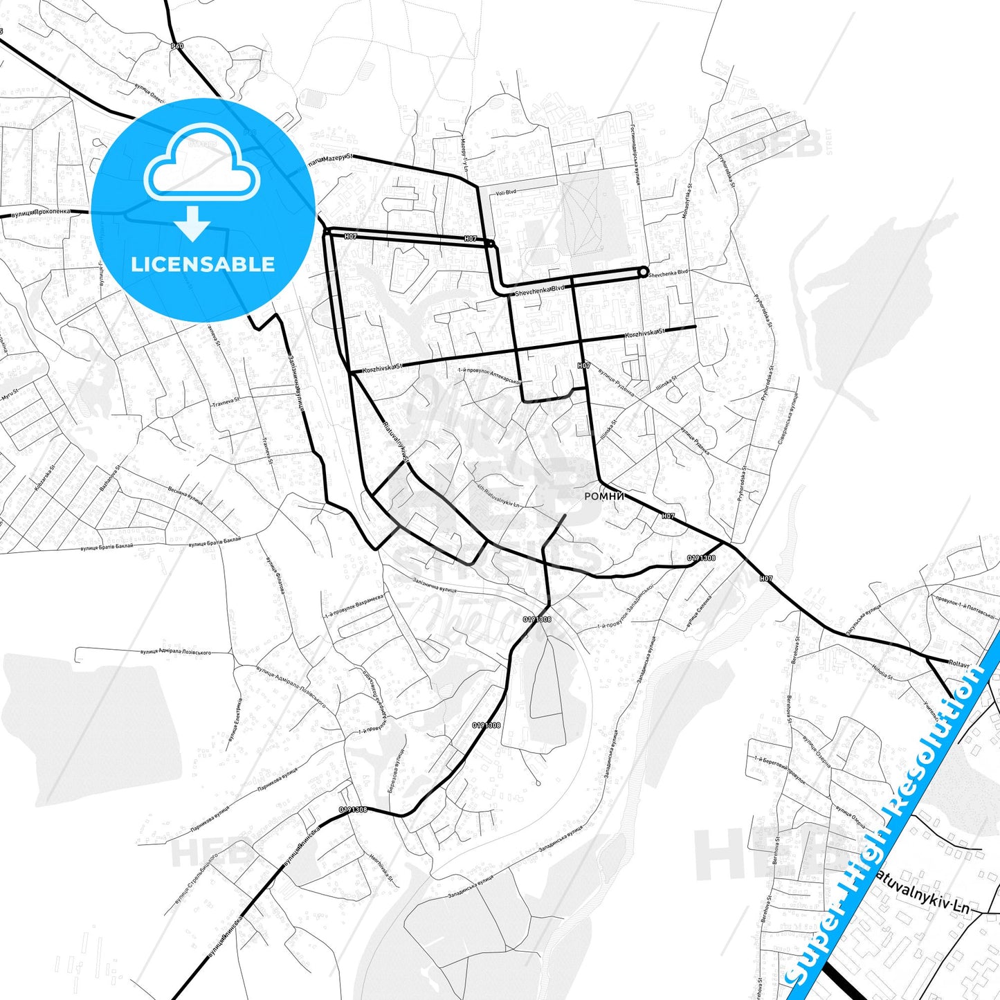 Romny, Ukraine Light Map with Street Names, City Names, and Districts
