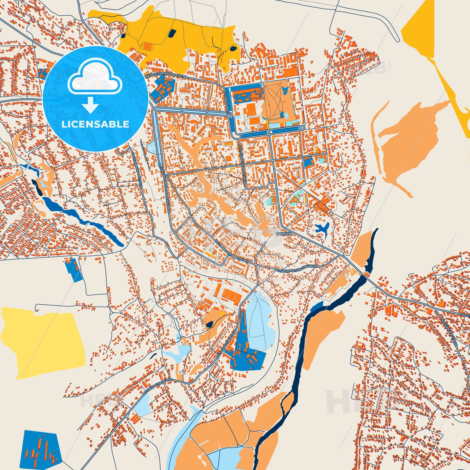 Colorful Romny Street Map with Labels and Buildings