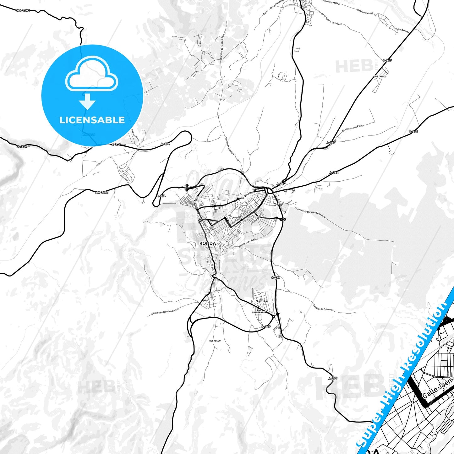 Ronda, Spain Light Map with Street Names, City Names, and Districts