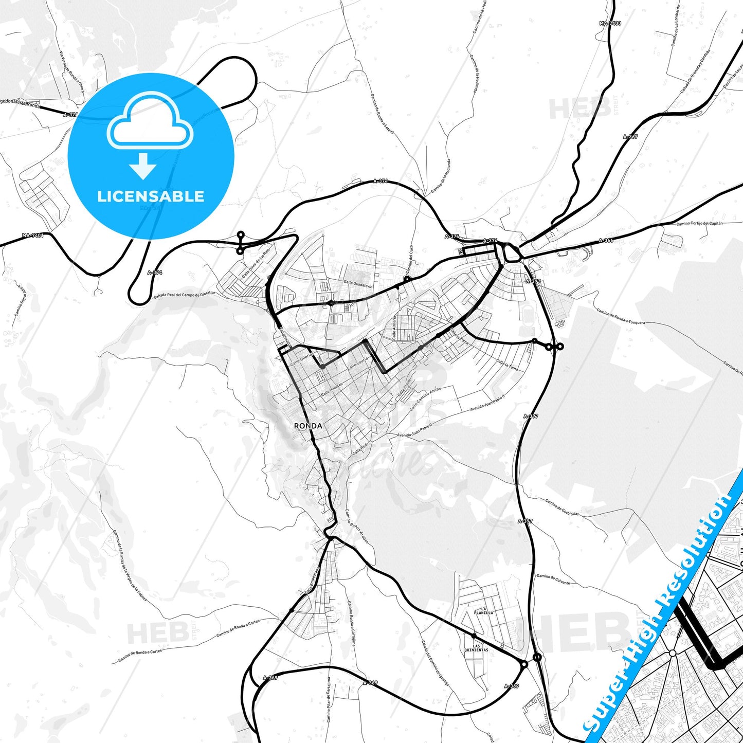 Ronda, Spain Light Map with Street Names, City Names, and Districts