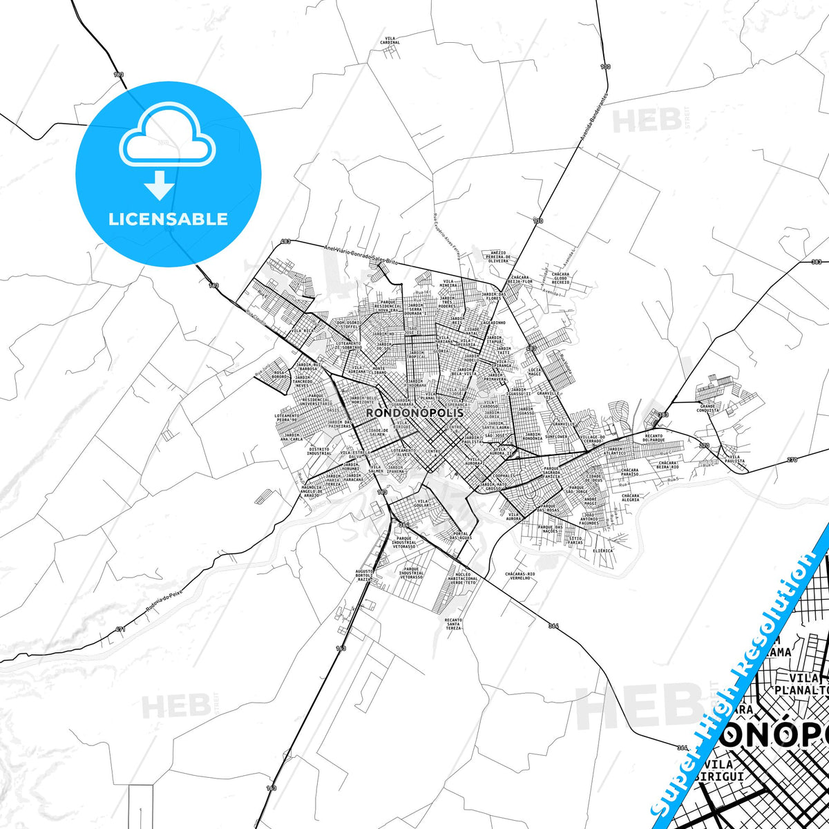 Rondonopolis, Brazil light map with streetnames, citynames and districts