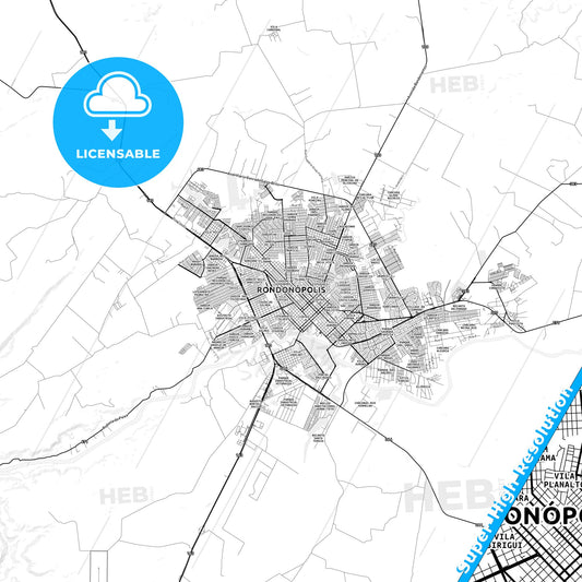Rondonopolis, Brazil light map with streetnames, citynames and districts