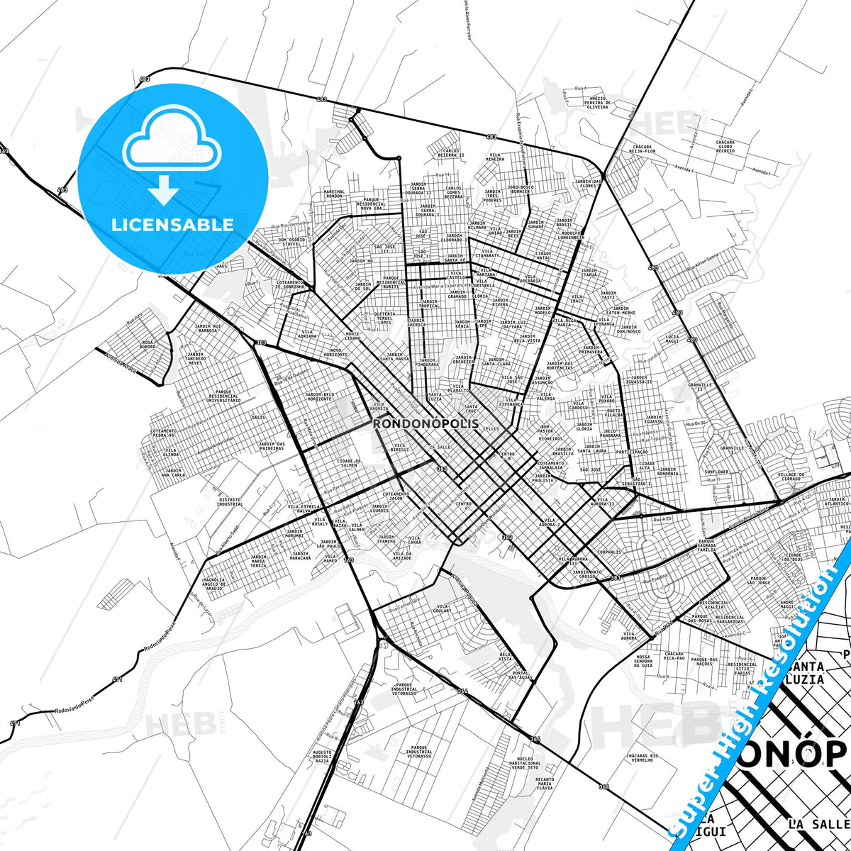 Rondonopolis, Brazil Light Map with Street Names, City Names, and Districts