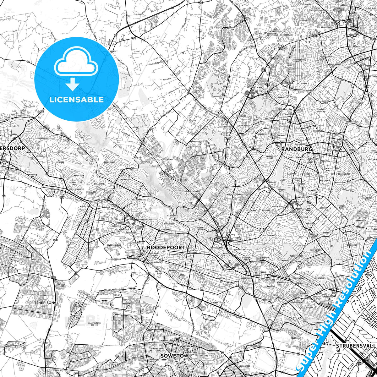 Roodepoort, South Africa light map with streetnames, citynames and districts