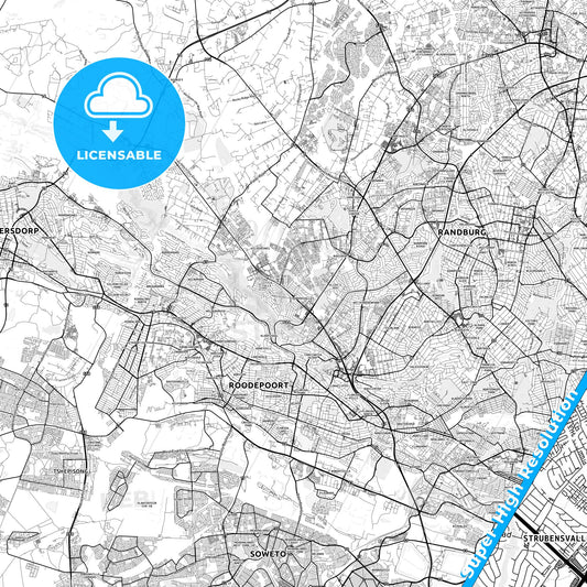 Roodepoort, South Africa light map with streetnames, citynames and districts