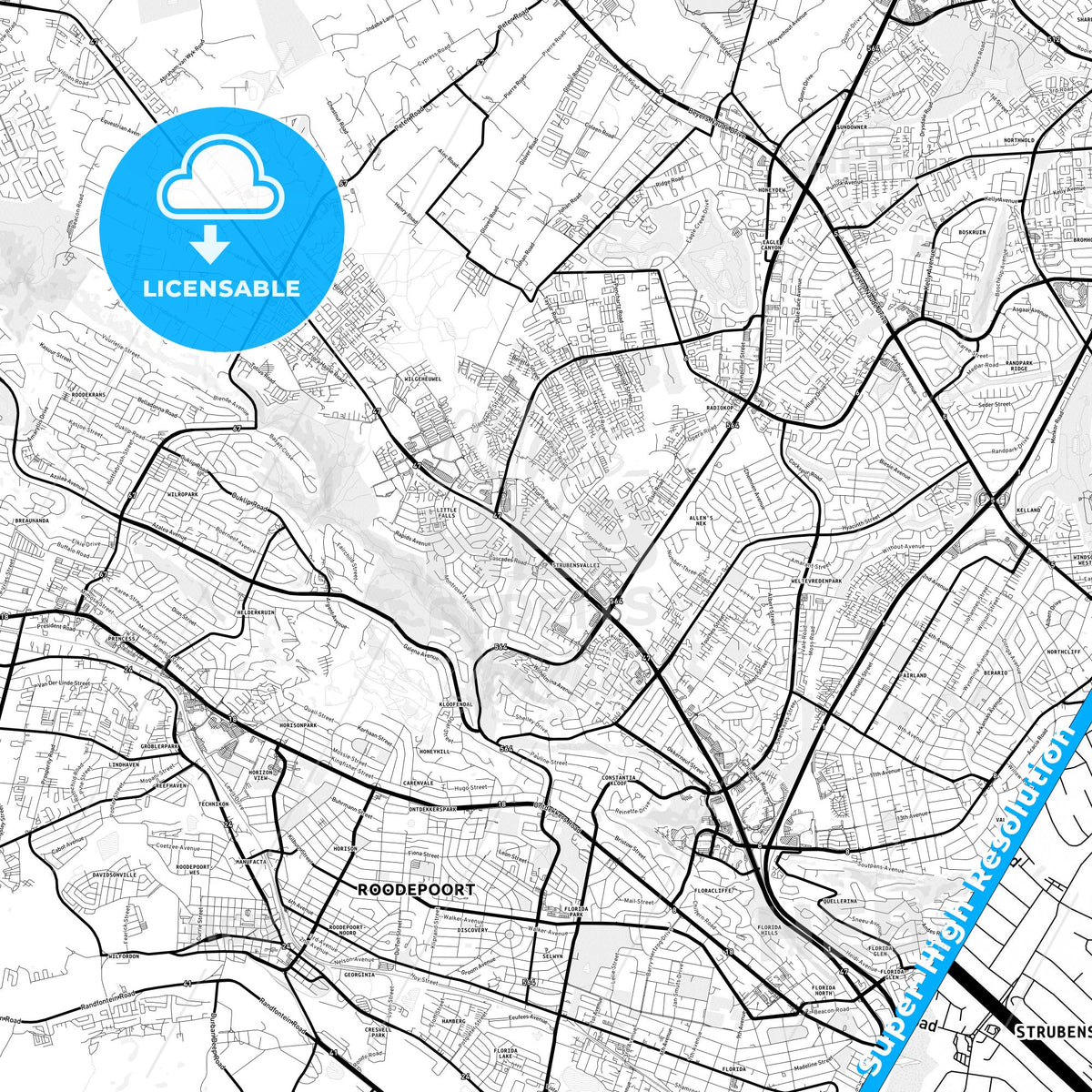 Roodepoort, South Africa Light Map with Street Names, City Names, and Districts
