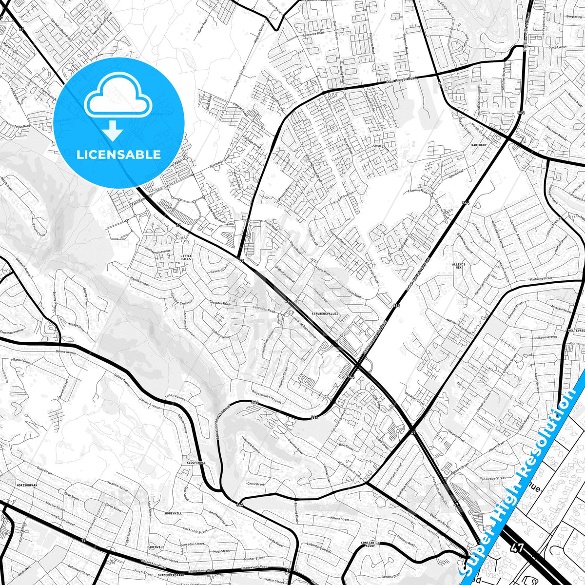 Roodepoort, South Africa Light Map with Street Names, City Names, and Districts