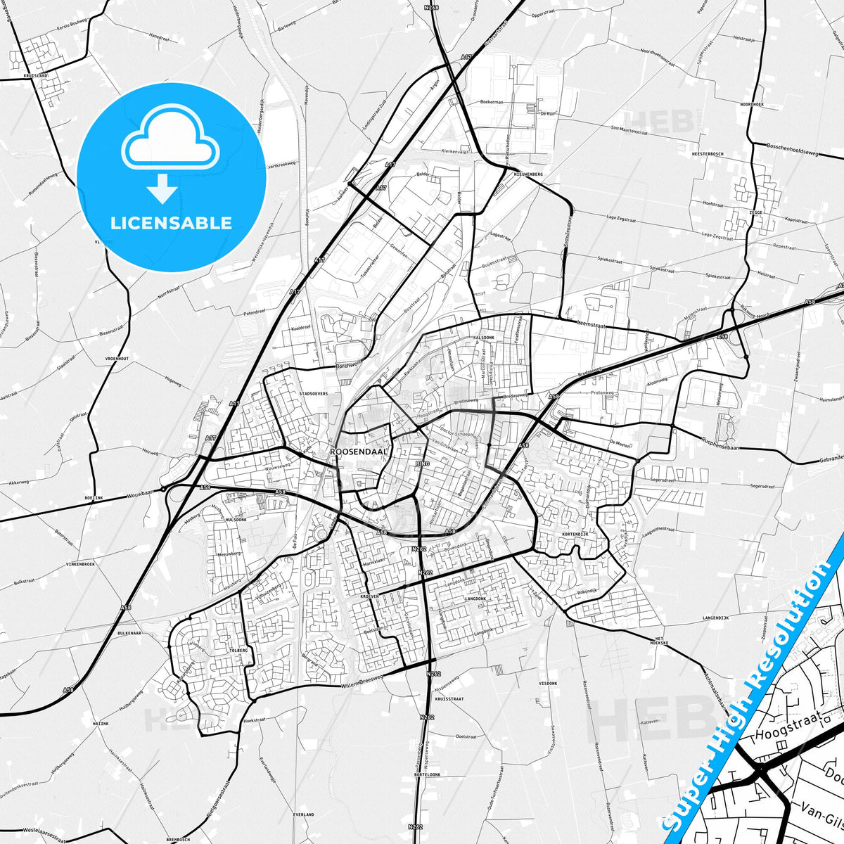 Roosendaal, Netherlands Light Map with Street Names, City Names, and Districts